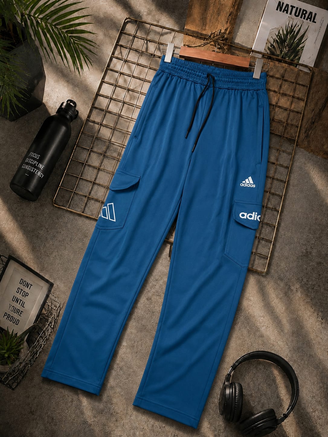 Men’s blue cargo jogger trousers with multiple pockets and adjustable drawstring