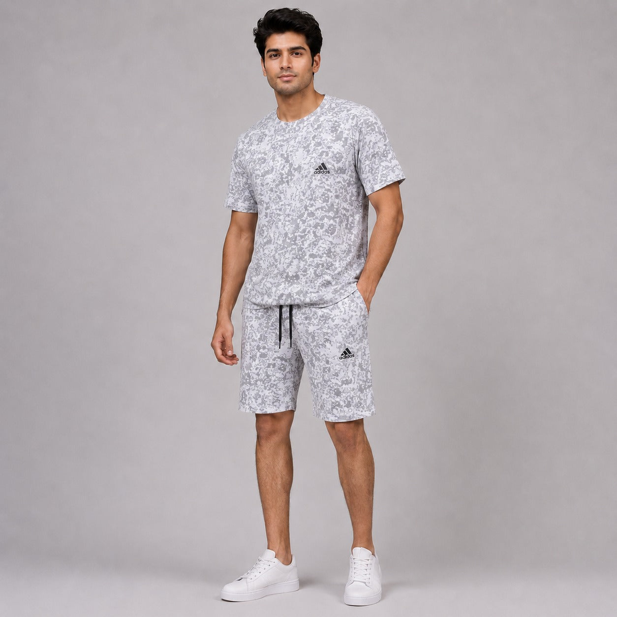 Men's Premium Grey Camouflage T-Shirt and Shorts Co-Ord Set - Soft Cotton Summer Casual Wear