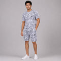 Premium men's white and charcoal grey abstract print t-shirt and shorts co-ord set crafted from soft, breathable fabric. Relaxed fit with matching drawstring shorts, perfect for summer casual wear, vacations, outdoor activities, gym, and daily comfort