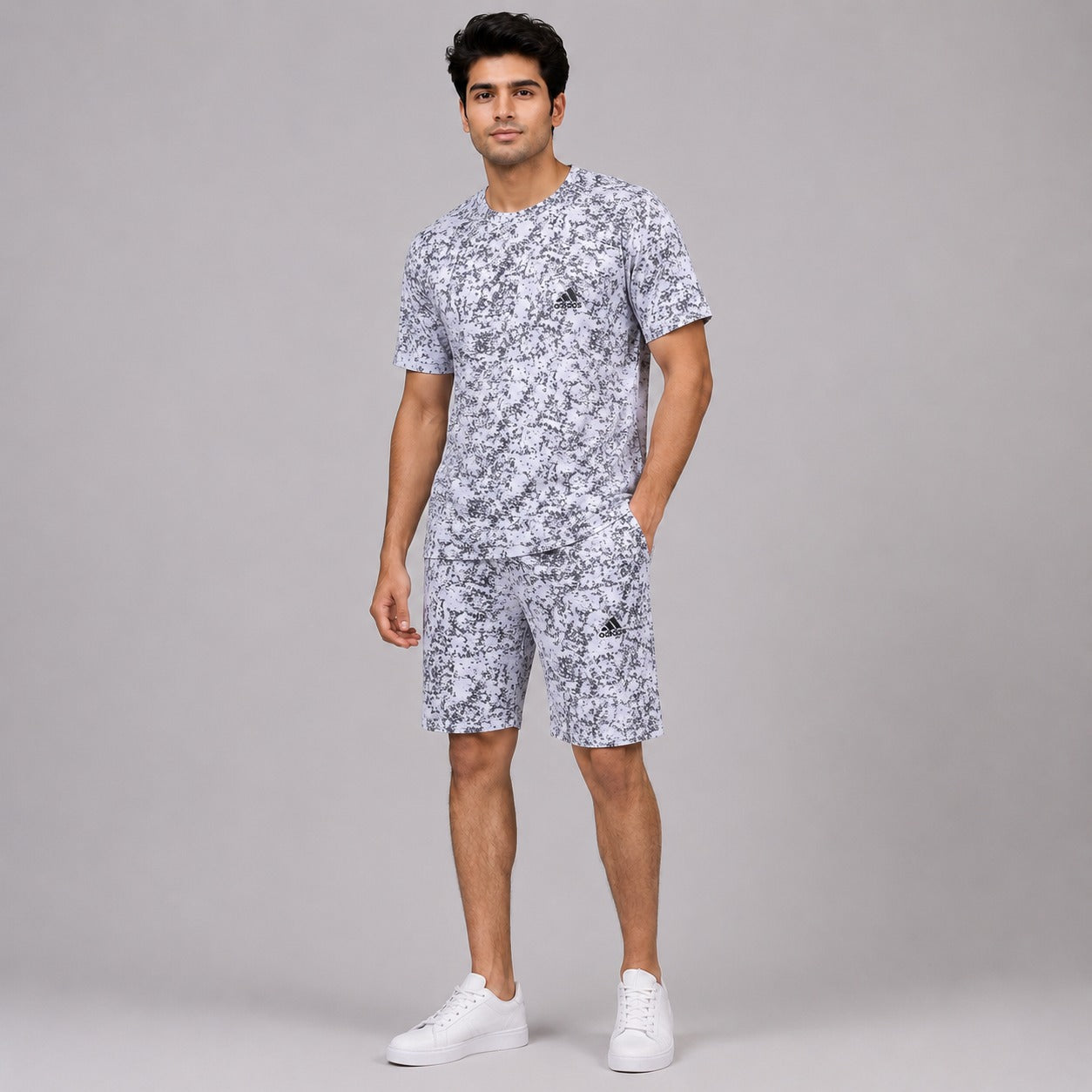 Premium men's white and charcoal grey abstract print t-shirt and shorts co-ord set crafted from soft, breathable fabric. Relaxed fit with matching drawstring shorts, perfect for summer casual wear, vacations, outdoor activities, gym, and daily comfort