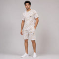 Premium men's white and beige abstract print t-shirt and shorts co-ord set made from soft, breathable fabric. Relaxed fit with matching drawstring shorts, perfect for summer casual wear, outdoor activities, travel, and everyday comfort.