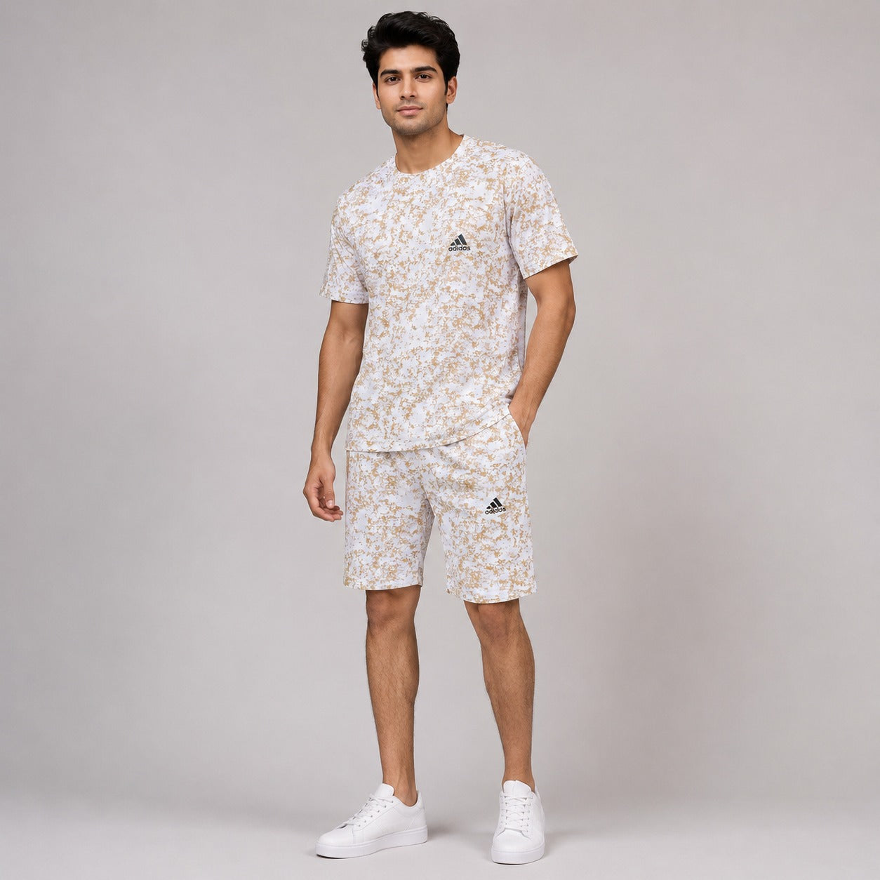 Premium men's white and beige abstract print t-shirt and shorts co-ord set made from soft, breathable fabric. Relaxed fit with matching drawstring shorts, perfect for summer casual wear, outdoor activities, travel, and everyday comfort.
