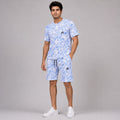 Premium men's blue abstract print t-shirt and shorts co-ord set designed for summer. Soft, breathable fabric with a relaxed fit, matching drawstring shorts, and modern casual streetwear style perfect for daily wear, travel, gym, and vacations